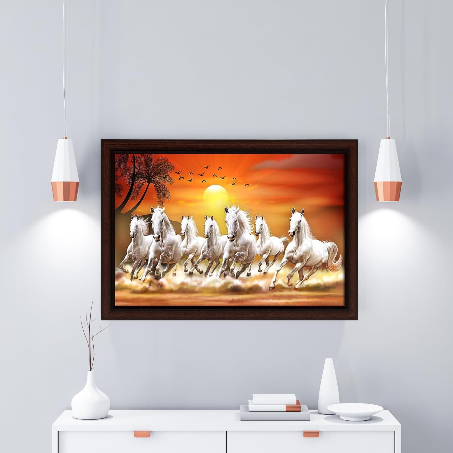 Masstone Seven Horses Vastu Painting With Frame | Seven Running Horses With Sunrise Vastu Painting (35X50 Cm) | Seven Horses Vas